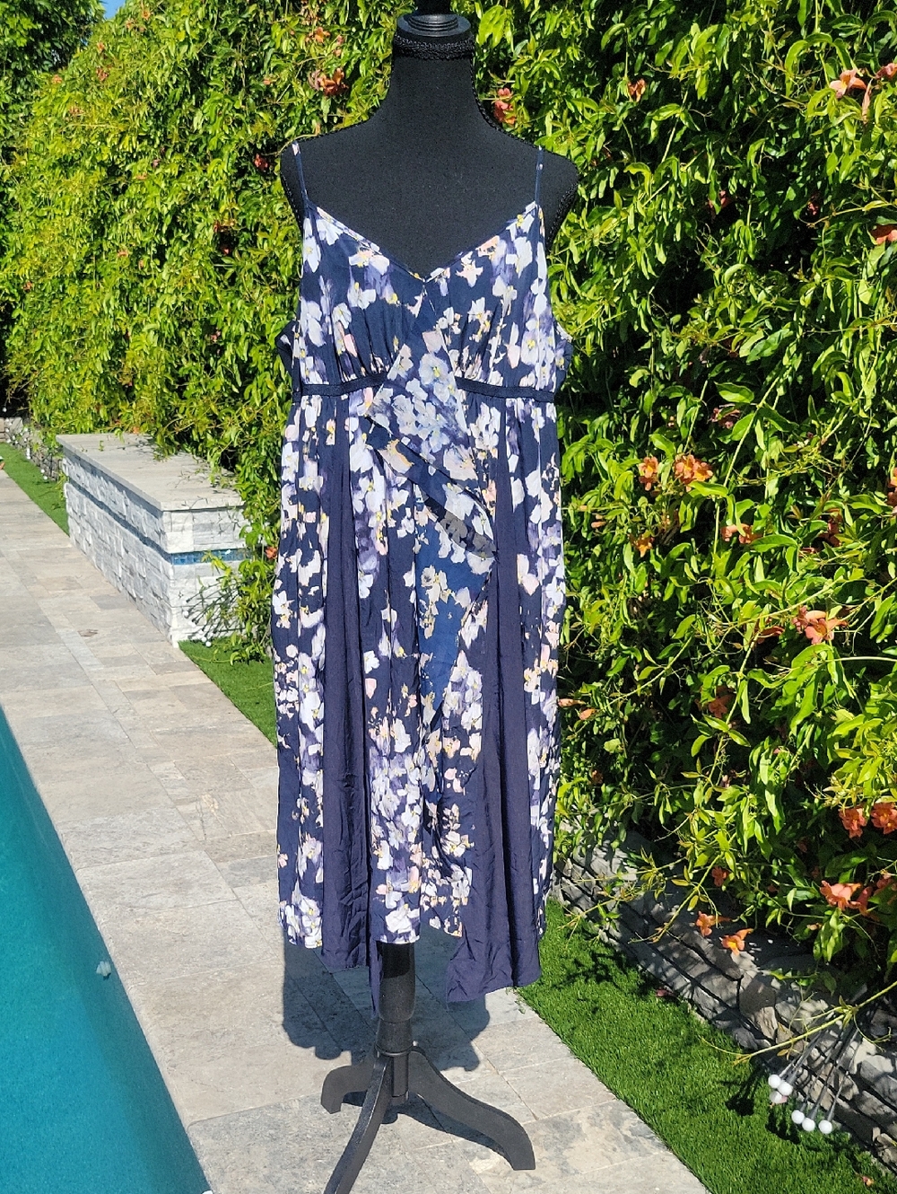Boho Flowy Blue Floral Whimsical Romantic Dress  With Pockets XL